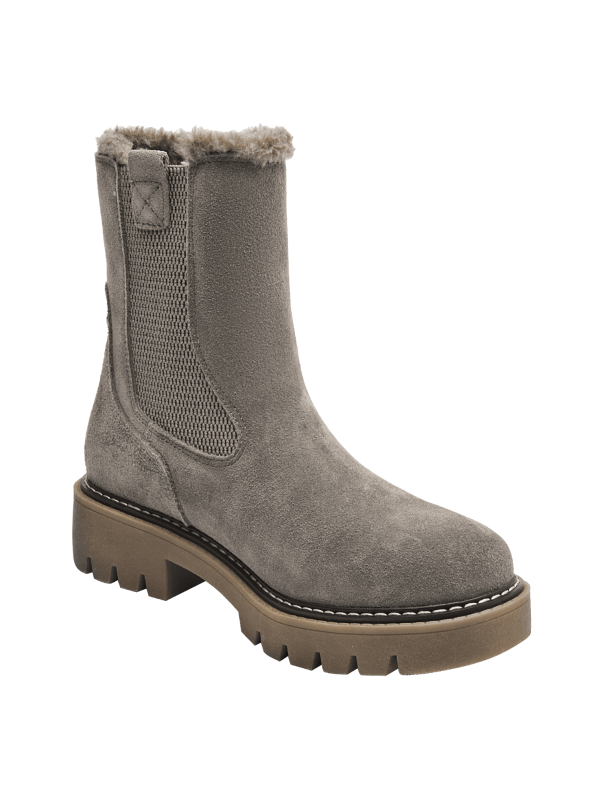 Elegante botín taupe Chelsea de cuero para mujer, con textura de gamuza y diseño urbano versátil.