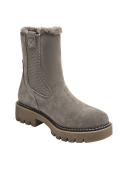 Elegante botín taupe Chelsea de cuero para mujer, con textura de gamuza y diseño urbano versátil.