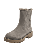 Botín de cuero taupe Chelsea para mujer con suela gruesa dentada y tacón moderado, combinando estilo y confort.