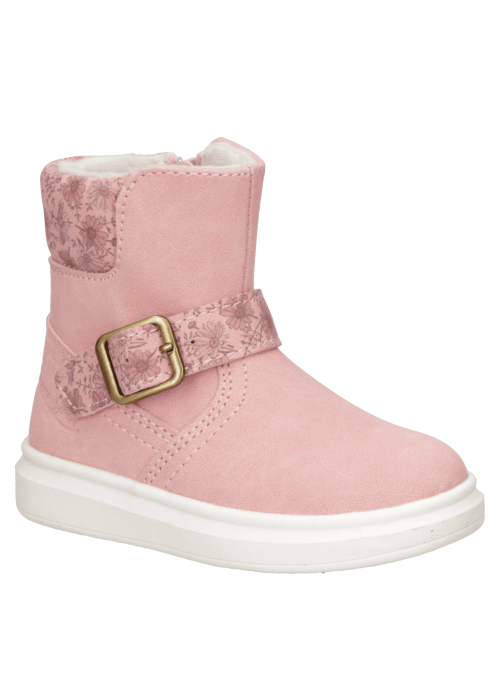Bota rosada casual para niña con diseño robusto, cierre lateral y hebilla decorativa, ideal para días fríos.