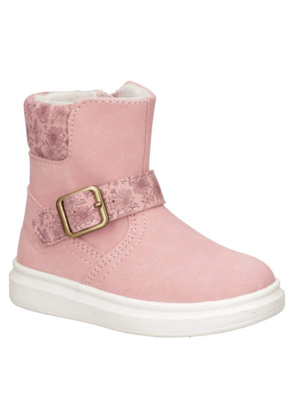 Bota rosada casual para niña con diseño robusto, cierre lateral y hebilla decorativa, ideal para días fríos.