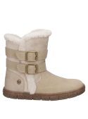 Bota beige con detalles de correas y costura, estilo casual para invierno, suela gruesa proporciona estabilidad.