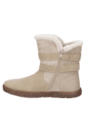 Bota beige de suela plana de goma, proporcionando buen agarre y comodidad para caminatas prolongadas en un entorno urbano.