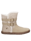 Bota casual beige con borde superior tipo borrego, ofreciendo un efecto acogedor y cálido para un look invernal.