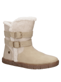 Bota beige para niña con correas ajustables y hebillas metálicas, combinando estilo moderno con ajuste personalizado.