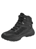 Botín negro para actividades al aire libre, detalles en relieve y texturas variadas, ofrece protección contra los elementos.