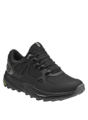 Zapatilla negra de trail running para hombre con diseño robusto y malla reforzada para durabilidad y transpirabilidad.