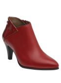 Botín de cuero rojo para mujer, con taco alto y puntera afilada, perfecto para combinar con atuendos formales.