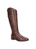 Bota de cuero café para mujer, diseño ecuestre elegante, corte alto hasta la rodilla, caña lisa y pulida.