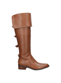 bota camel de cuero para mujer con diseño hasta la rodilla, doblez superior y tacón bajo cuadrado elegante y cómodo.