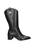 Bota vaquera de cuero negro para mujer con punta aguda y taco bloque mediano, ideal para ocasiones formales o casuales.