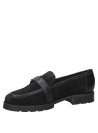 Zapato de cuero negro para mujer, estilo casual chic, hebilla metálica y suela baja para comodidad diaria.