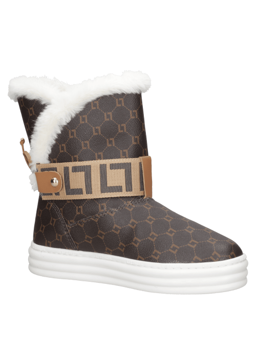 Botín café casual para mujer con caña media y borde acolchado, decorado con patrón geométrico moderno y sofisticado.