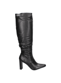Bota negra de mujer en cuero con diseño elegante y estilizado, ideal para un look casual y chic, hasta la rodilla.