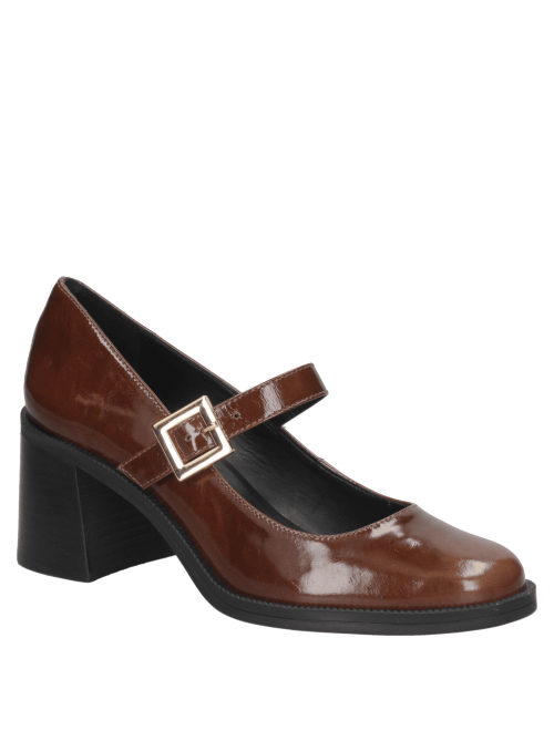 Calzado retro-vintage Mary Jane de cuero café, taco ancho moderado, ideal para eventos formales o semi-formales.