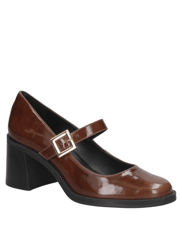 Calzado retro-vintage Mary Jane de cuero café, taco ancho moderado, ideal para eventos formales o semi-formales.