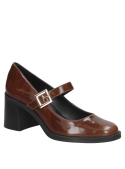 Calzado retro-vintage Mary Jane de cuero café, taco ancho moderado, ideal para eventos formales o semi-formales.