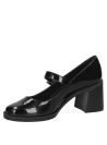 Elegante zapato de cuero negro Mary Jane, adecuado para vestimenta formal o semi-formal, con detalles clásicos y modernos.