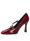 Zapato de vestir burdeo para mujer, en cuero, con hebillas metálicas, ideal para salidas nocturnas elegantes.
