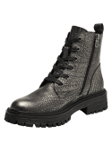 Calzado tipo botín de cuero metalizado, cierre con cordones, suela gruesa dentada, perfecto para ocasiones informales.