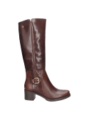 Bota de cuero café para mujer, diseño sofisticado con hebilla lateral, ideal para reuniones informales.