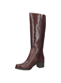 Bota casual de cuero café para mujer, con tacón ancho. Ideal para faldas o pantalones ajustados.