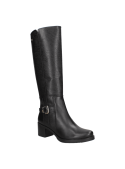 Bota de cuero negro para mujer, versátil y sofisticada, ideal para combinar con faldas o pantalones ajustados.