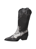 Bota de cuero negra estilo cowboy para mujer, con diseño llamativo y versátil, ideal para combinar con jeans o vestidos.