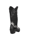 Bota vaquera de cuero negro para mujer, con detalles rústicos y patrones tradicionales, ideal para salidas casuales.