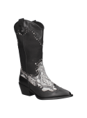 Botas western de cuero negro con recortes y tachuelas, ideales para eventos informales o festivales.