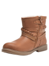 Bota camel para niña con diseño boho-chic, trenza y colgante de hoja, funcional y moderna para uso cotidiano.