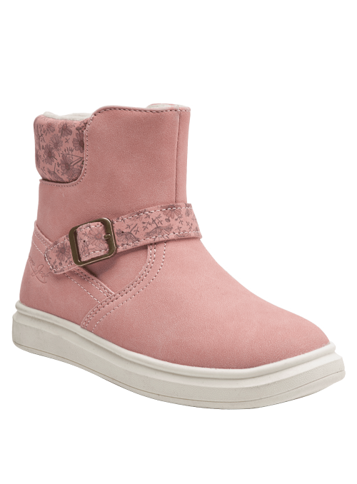 Calzado casual rosado de media caña para niña, con detalles florales, ideal para un look relajado y estiloso.