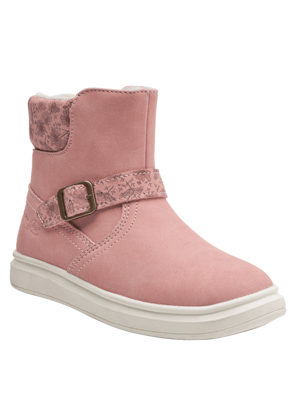 Calzado casual rosado de media caña para niña, con detalles florales, ideal para un look relajado y estiloso.