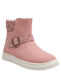 Calzado casual rosado de media caña para niña, con detalles florales, ideal para un look relajado y estiloso.
