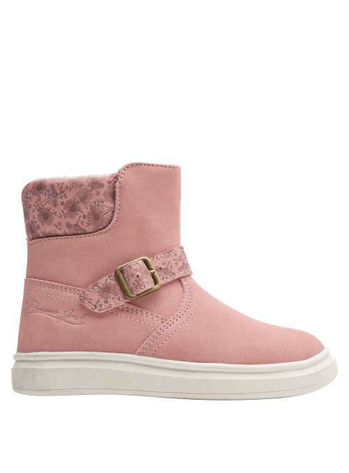 Calzado casual rosado de media caña para niña, con detalles florales, ideal para un look relajado y estiloso.