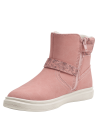 Bota rosada de media caña para niña con hebilla lateral y estampado floral, ideal para un estilo casual y urbano-chic.