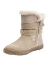 Bota beige de niña con diseño casual, correas decorativas y borde de peluche, ideal para días fríos y looks modernos.