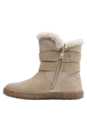 Bota invernal beige para niña, con detalles de hebillas y peluche, adecuada para ocasiones informales en climas fríos.