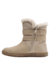 Bota invernal beige para niña, con detalles de hebillas y peluche, adecuada para ocasiones informales en climas fríos.