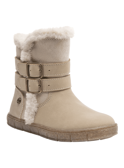 Bota beige de niña con correas ajustables y borde de peluche, combinando estilo casual y funcionalidad invernal.