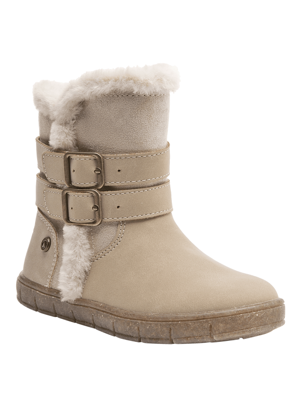 Bota beige de niña con correas ajustables y borde de peluche, combinando estilo casual y funcionalidad invernal.
