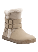Bota beige de niña con correas ajustables y borde de peluche, combinando estilo casual y funcionalidad invernal.