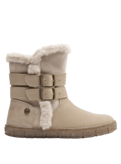 Bota beige de niña con correas ajustables y borde de peluche, combinando estilo casual y funcionalidad invernal.
