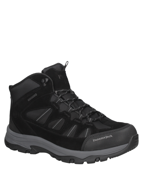 Botín de trekking negro para hombre, con suela gruesa y buen agarre, mezcla de cuero y textil.