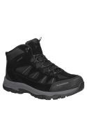 Botín de trekking negro para hombre, con suela gruesa y buen agarre, mezcla de cuero y textil.