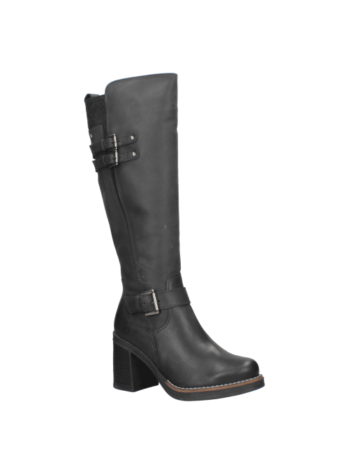 Bota negra de cuero para mujer, casual y elegante, ideal para invierno y ocasiones formales.