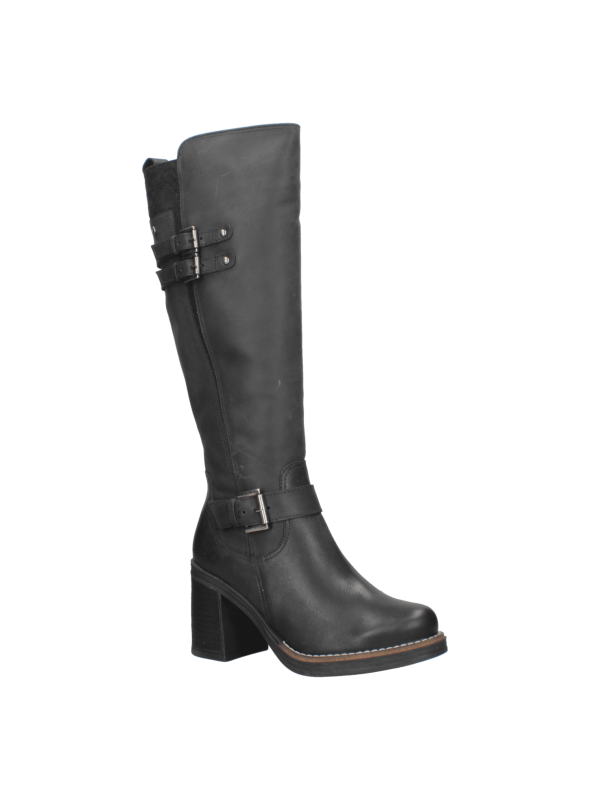 Bota negra de cuero para mujer, casual y elegante, ideal para invierno y ocasiones formales.
