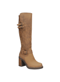Bota de cuero camel para mujer, protección hasta la rodilla, elegante con suela de buena tracción para diversas superficies.