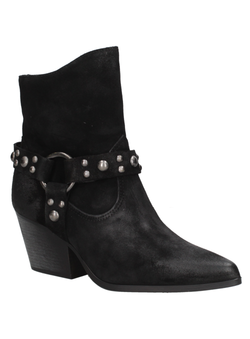Botín negro de cuero para mujer con tachas metálicas en la correa del tobillo, diseño moderno y rústico con estilo western.