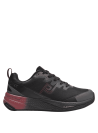 Calzado de trail running negro, talón elevado con tecnología de amortiguación, brinda soporte y absorción de impactos.
